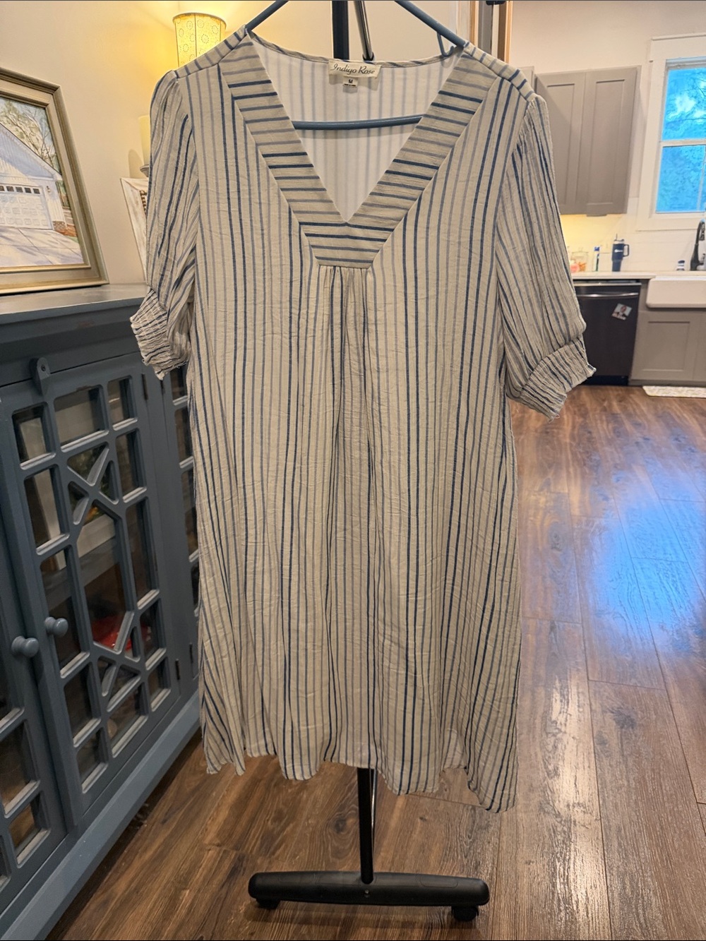 Striped V-Neck Midi Dress in Cream and Navy